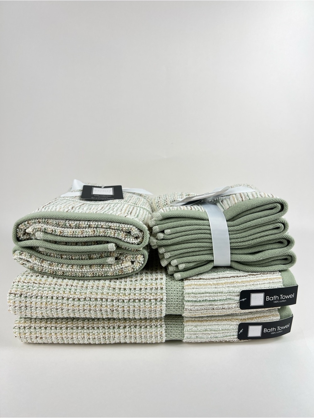 Soho Living Bath Towel Set Sage Cream Tan Striped Soft 100% Cotton 8 Pc NEW